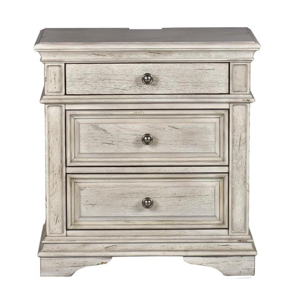 Steve Silver Furniture Highland Park Nightstand, Driftwood Finish, Nickle Hardware, 2 USB Charging Ports, 2 Full Size Drawers & 1 Half Size Drawer, Bedroom, 28" L x 17" D x 29.5" H, White