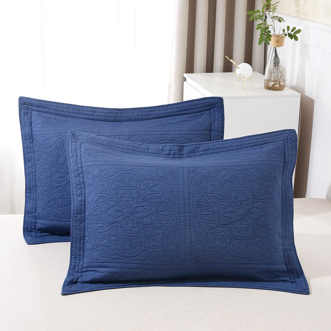 Winlife 100% Cotton Quilted Pillow Sham Floral Printed Pillow Cover (King, Navy Blue)