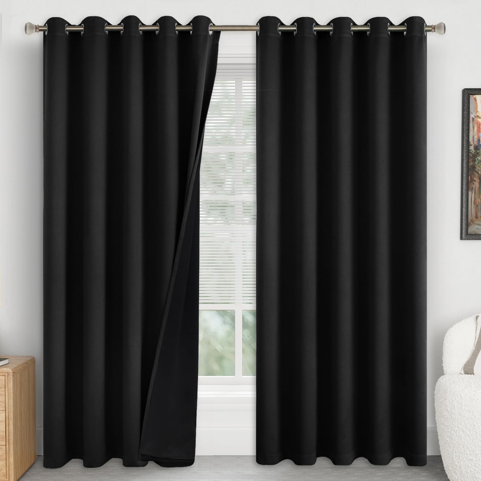 Quemas Extra Wide 100% Blackout Curtains 84 Inch Length For Living Room, Thermal Insulated Total Light Blocking Soundproof Room