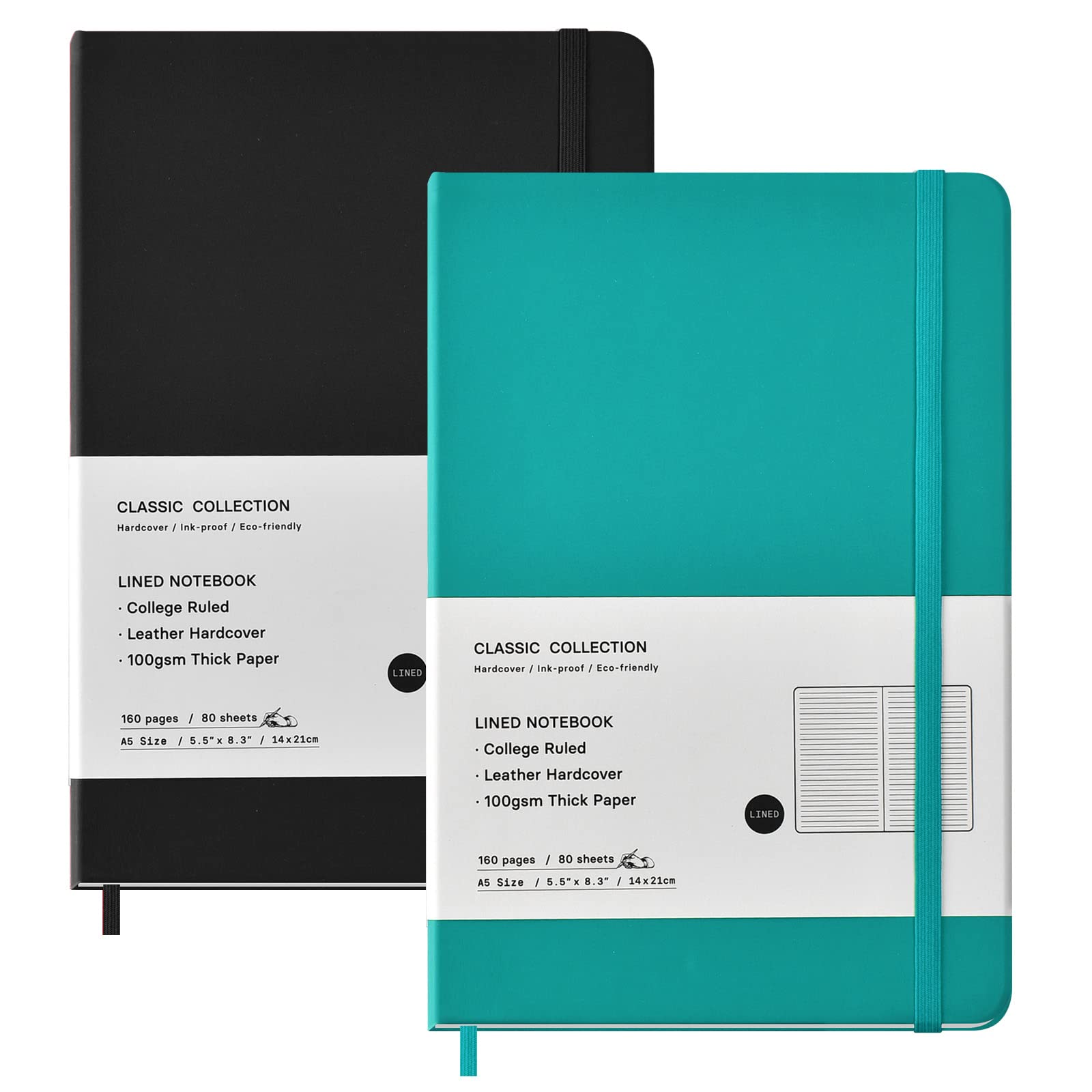 Coopay 2 Pack A5 Journal Notebooks Classic College Ruled Notebooks Hardcover Leatherette Lined Journals For Office Home School B