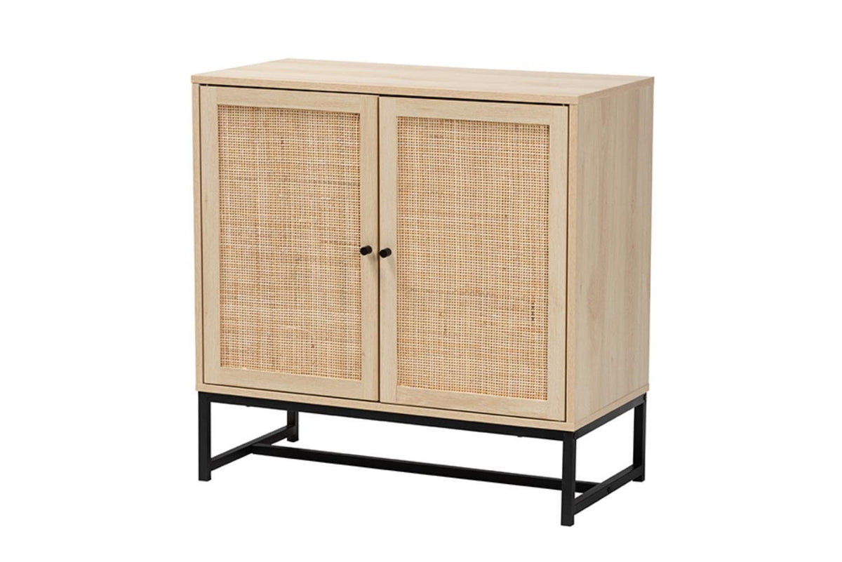 Baxton Studio Caterina Brown Wood and Natural Rattan 2-Door Storage Cabinet