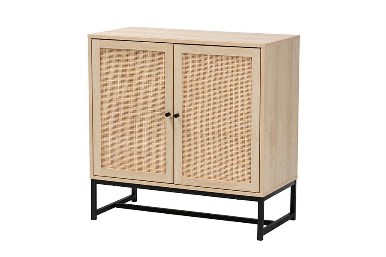 Baxton Studio Caterina Brown Wood and Natural Rattan 2-Door Storage Cabinet