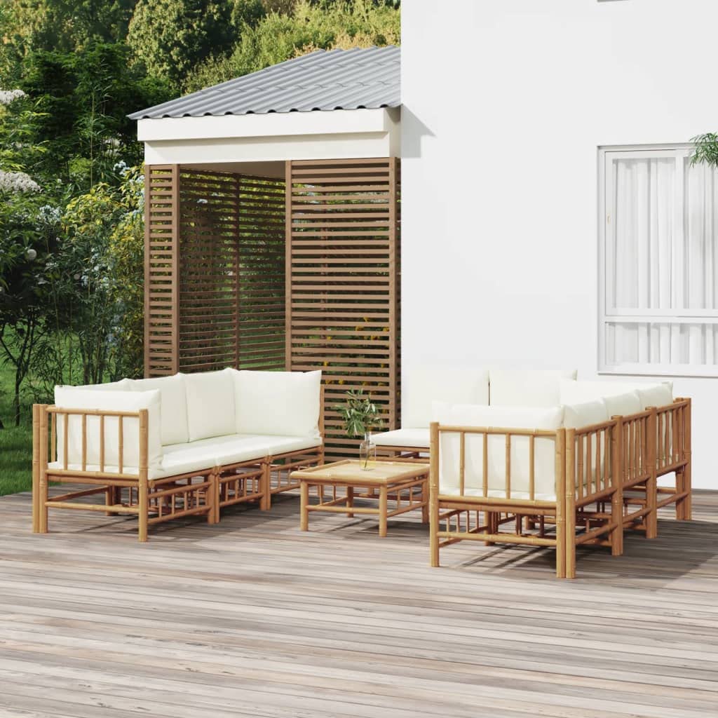 vidaXL 9-Piece Patio Lounge Set with Cream White Cushions, Bamboo - Outdoor Garden Sofa with Practical Table, Strong, Flexible and Modular Design.