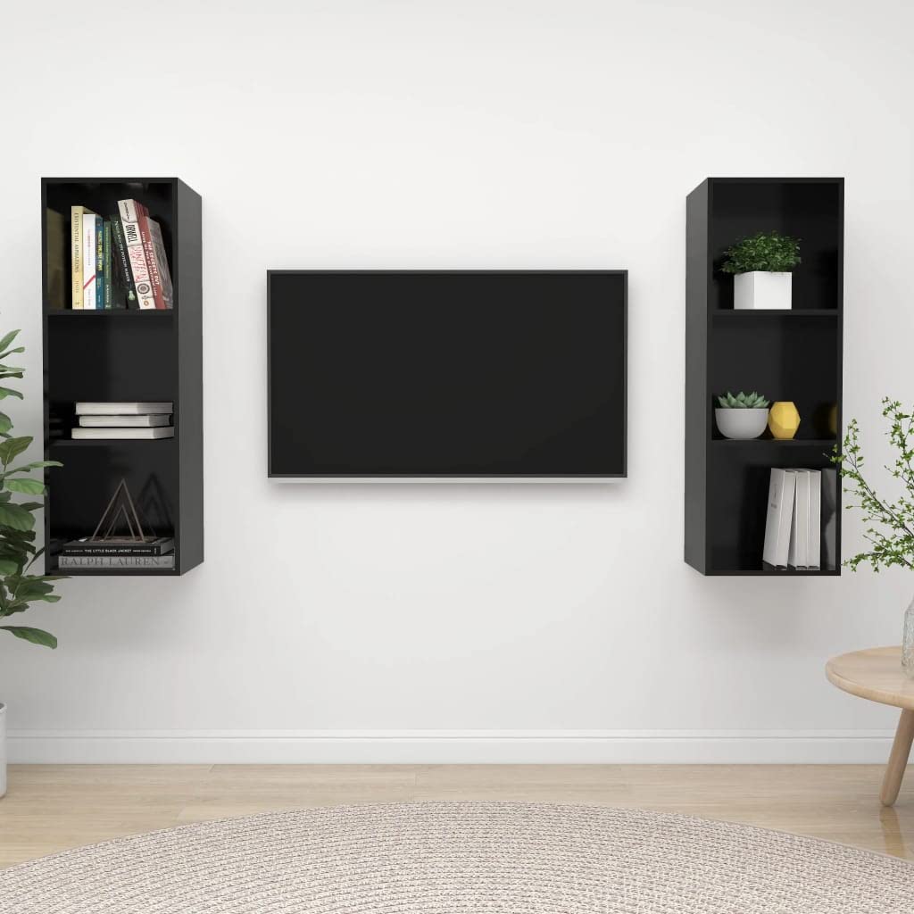 vidaXL Wall-Mounted TV Cabinets, Set of 2, High-Gloss Black, Engineered Wood, Flexible Design, Ample Storage Room, Easy Assembly Required