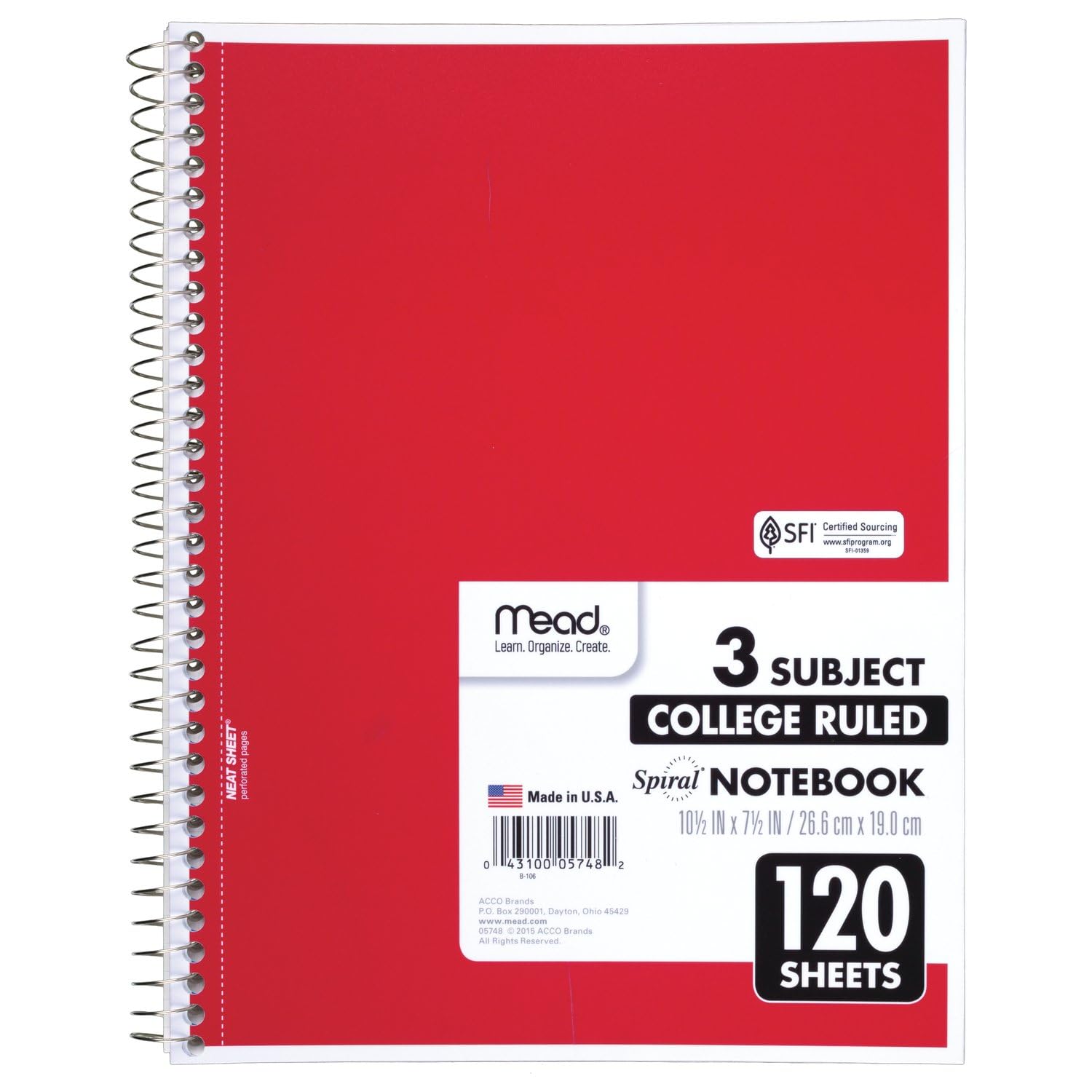 Mead Spiral Notebook, 3 Subject, College Ruled Paper, 120 Sheets, 10-1/2' X 8', Color Selected For You, 1 Count (05748)