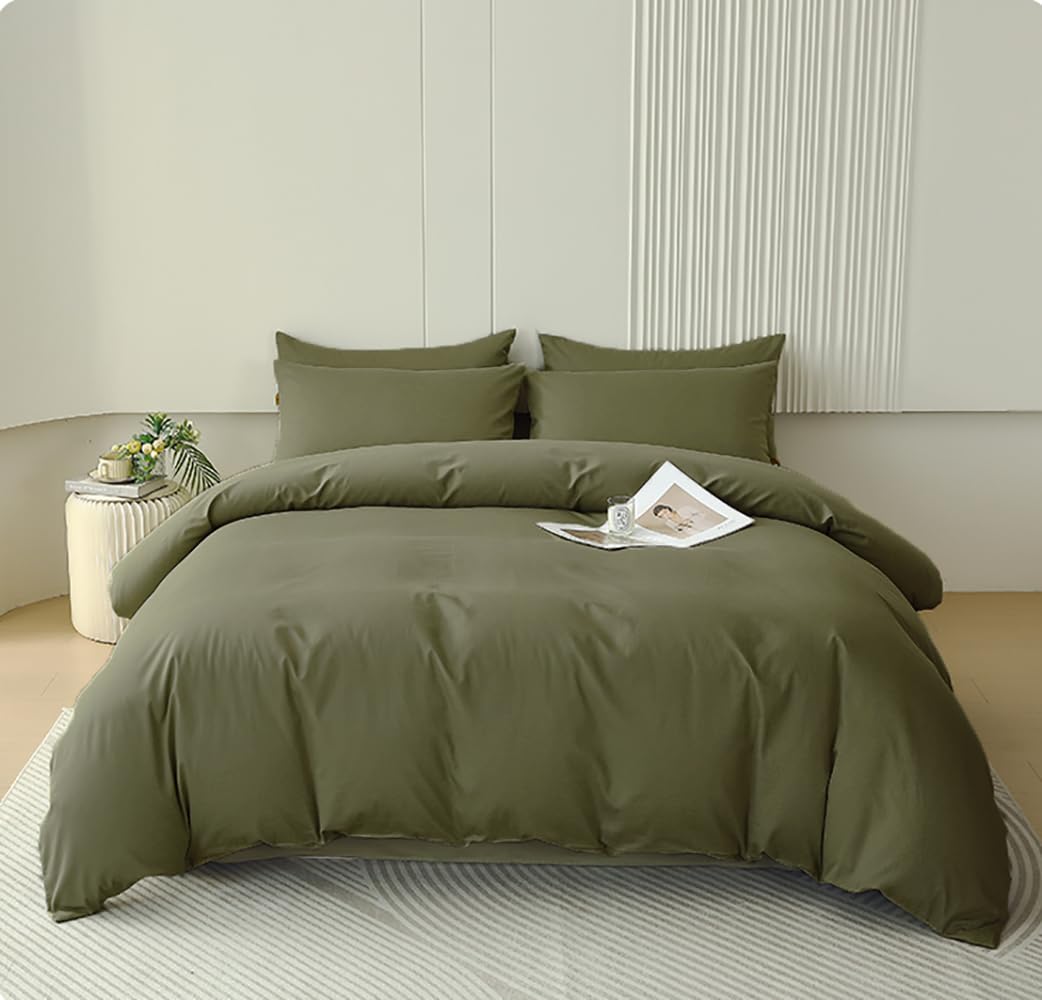 Houseri Army Green California King Size Comforter Set Olive Green Bedding Sets Cal King Men Women Solid Dark Green Comforters Co