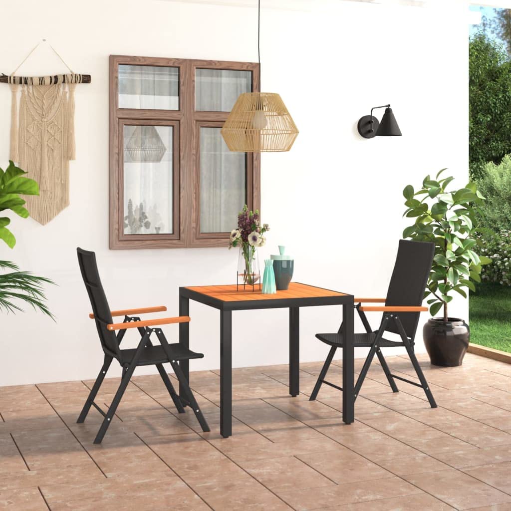 vidaXL 3-Piece Patio Dining Set in Black and Brown - Weather-Resistant PE Rattan Chairs, WPC Armrests/Tabletop, and Aluminum Frame