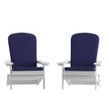Set of 2Folding Adirondack Chairs in White with Blue Cushions, Porch, and Patio