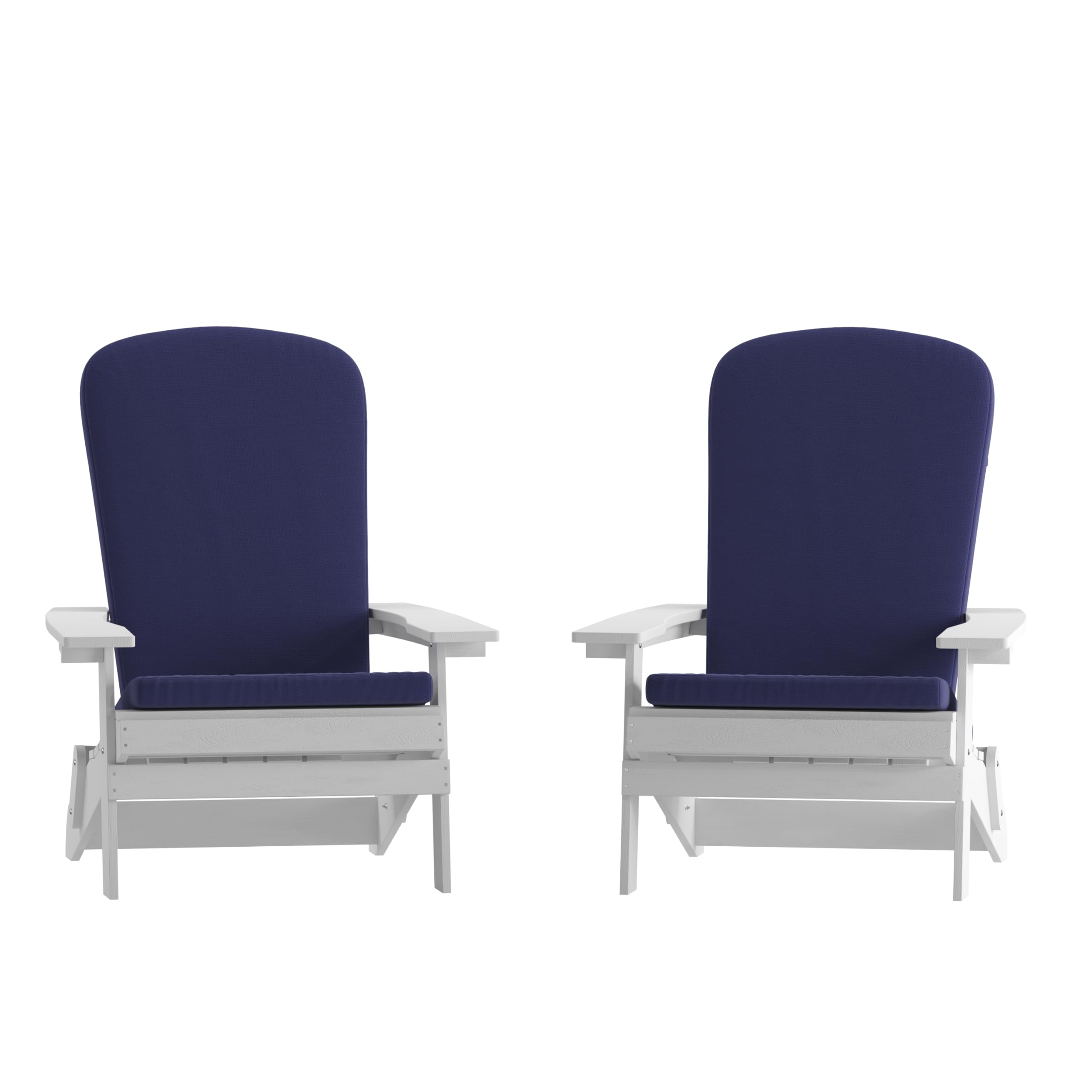 Set of 2Folding Adirondack Chairs in White with Blue Cushions, Porch, and Patio
