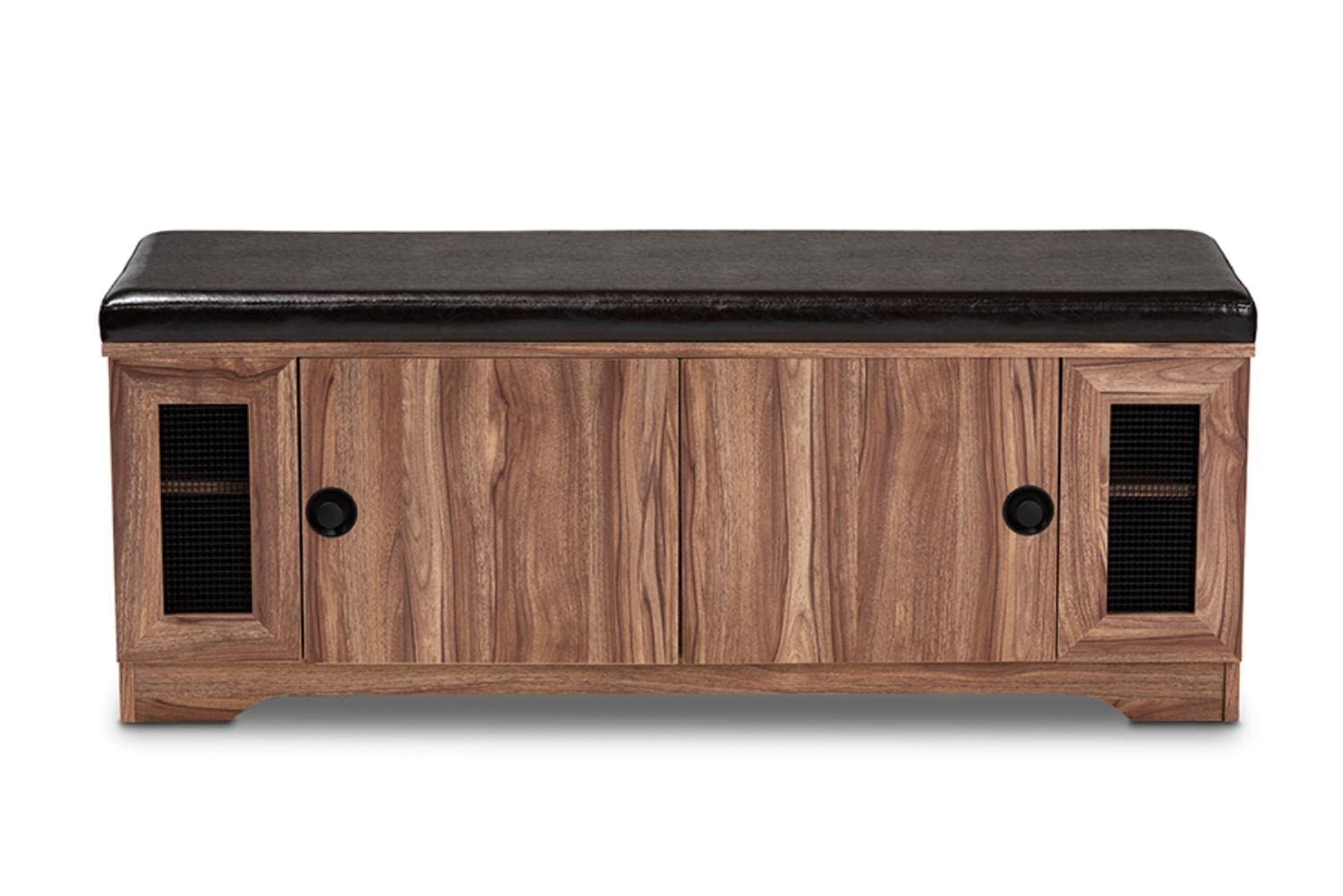 Baxton Studio Valina Modern and Contemporary Dark Brown Faux Leather Upholstered 2-Door Wood Shoe Storage Bench with Screen Inserts
