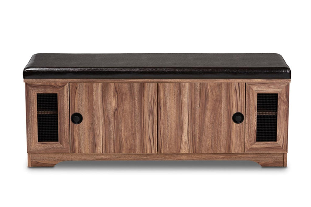 Baxton Studio Valina Modern and Contemporary Dark Brown Faux Leather Upholstered 2-Door Wood Shoe Storage Bench with Screen Inserts