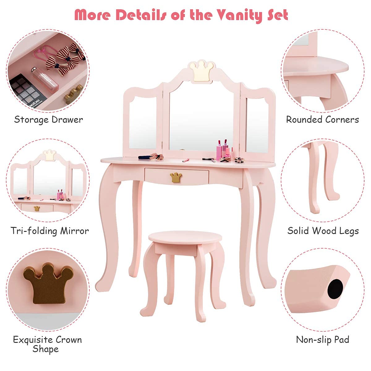 Honey Joy Kids Vanity, Crown Themed Toddler Dressing Makeup Table And Chair Set W/Drawer & Tri-Folding Mirror, Detachable Mirror, Princess Pretend Play Girls Vanity Set With Mirror And Stool(Pink)