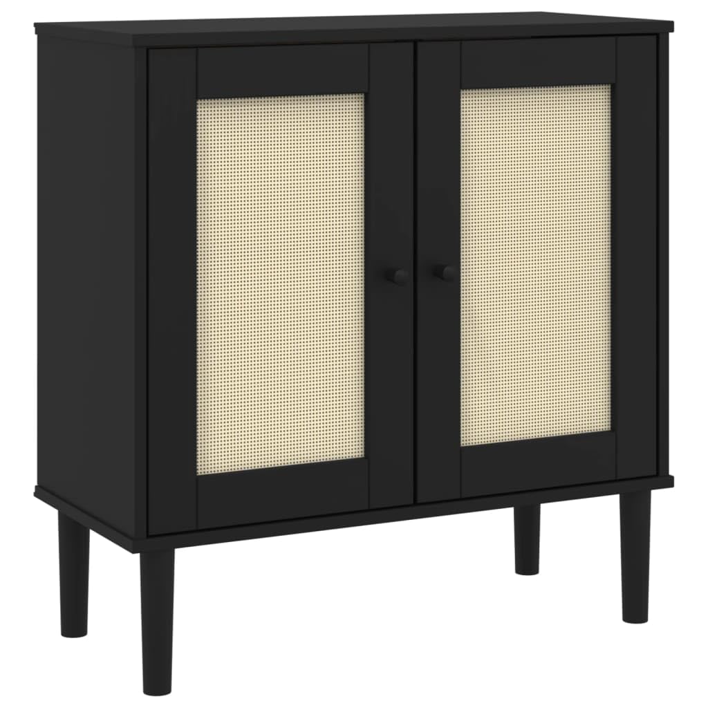 vidaXL SENJA Black Solid Pine Wood Sideboard with UV Varnish Finish and Rattan Look Surface - Ample Storage and Sturdy Top for Display