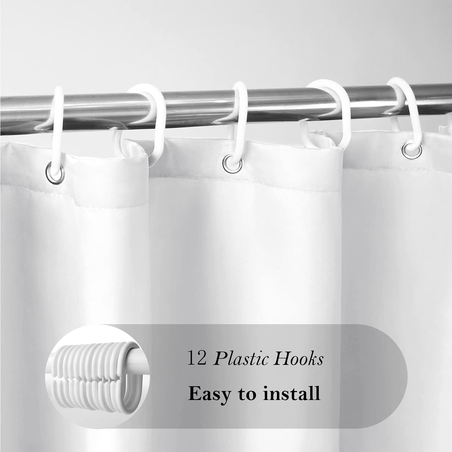 Aoohome Extra Long Shower Curtain Liner, Fabric Shower Curtain With Hooks For Hotel, Waterproof, 72 Width X 84 Height Inch, Whit