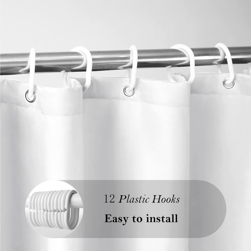 Aoohome White Fabric Shower Curtain Liner, Bathroom Curtain With Hooks For Hotel, Waterproof, Weighted Hem, 72 Width X 75 Height