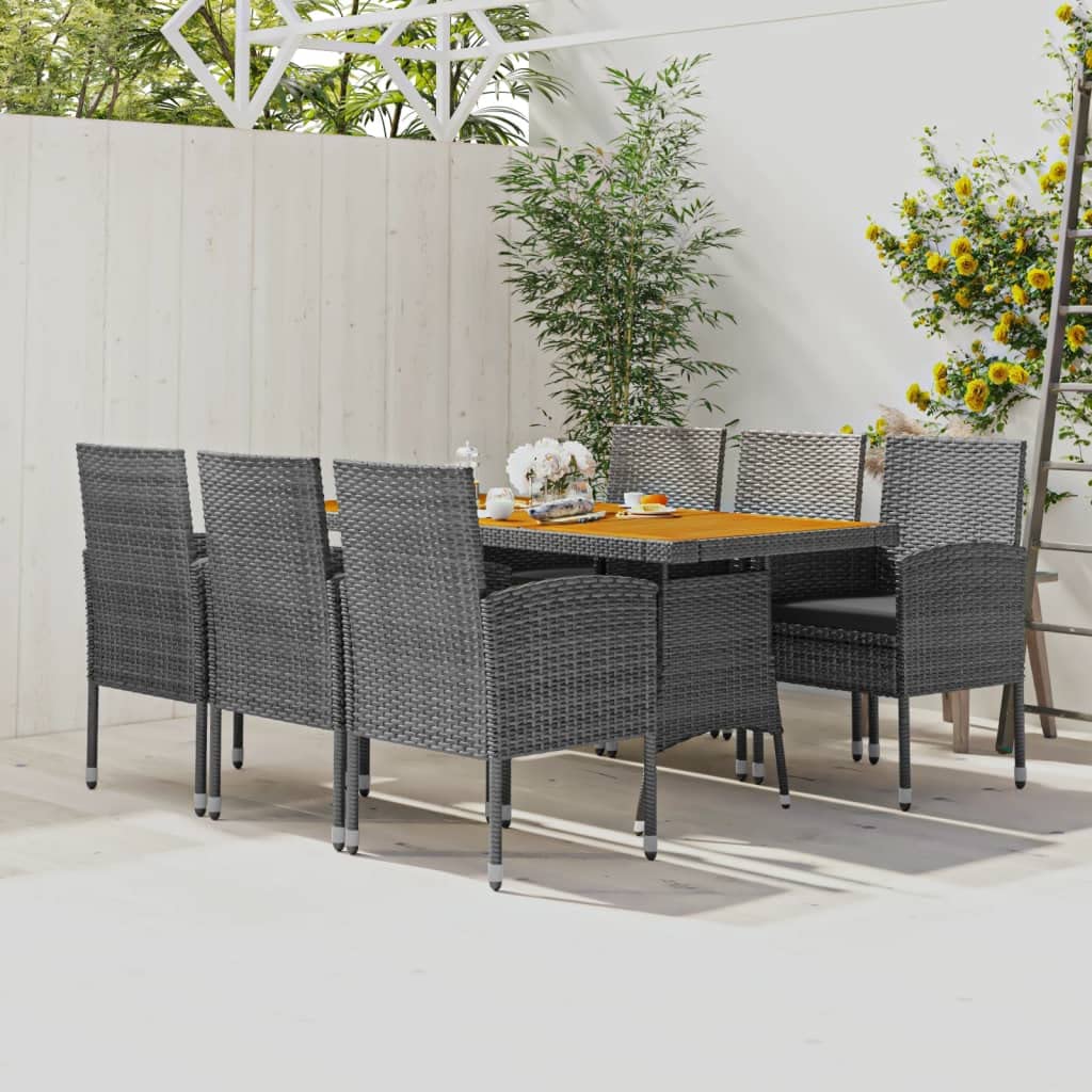 vidaXL Outdoor Patio Dining Set, 7 Pieces, Gray, Poly Rattan, Steel & Solid Acacia Wood Construction, Ergonomic Design, Waterproof, Includes Table, Chairs & Seat Cushions.
