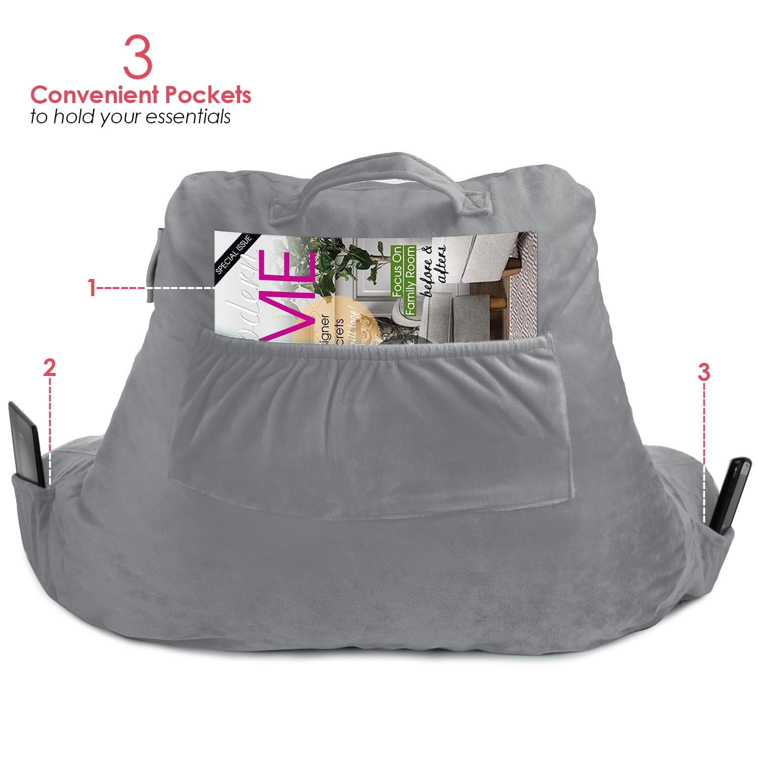 Nestl Reading Pillow Standard Bed Pillow, Back Pillow For Sitting In Bed Shredded Memory Foam Chair Pillow Reading & Bed Rest Pillows Dark Grey Back Pillow For Bed, Bed Chair Arm Pillow With Pockets