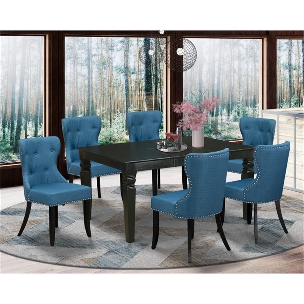 East West Furniture Wesi7-Blk-21 7 Piece Kitchen Table Set Consist Of A Rectangle Dining Table With Butterfly Leaf And 6 Blue Linen Fabric Parson Dining Chairs, 42X60 Inch, Black