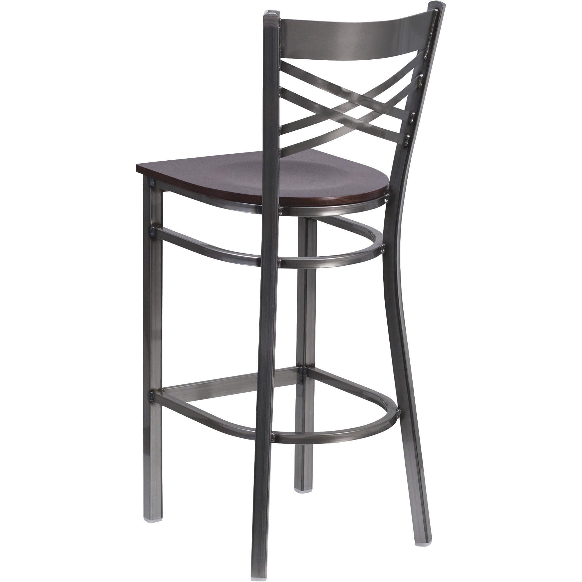 Flash Furniture Hercules Series Clear Coated ''X'' Back Metal Restaurant Barstool - Walnut Wood Seat