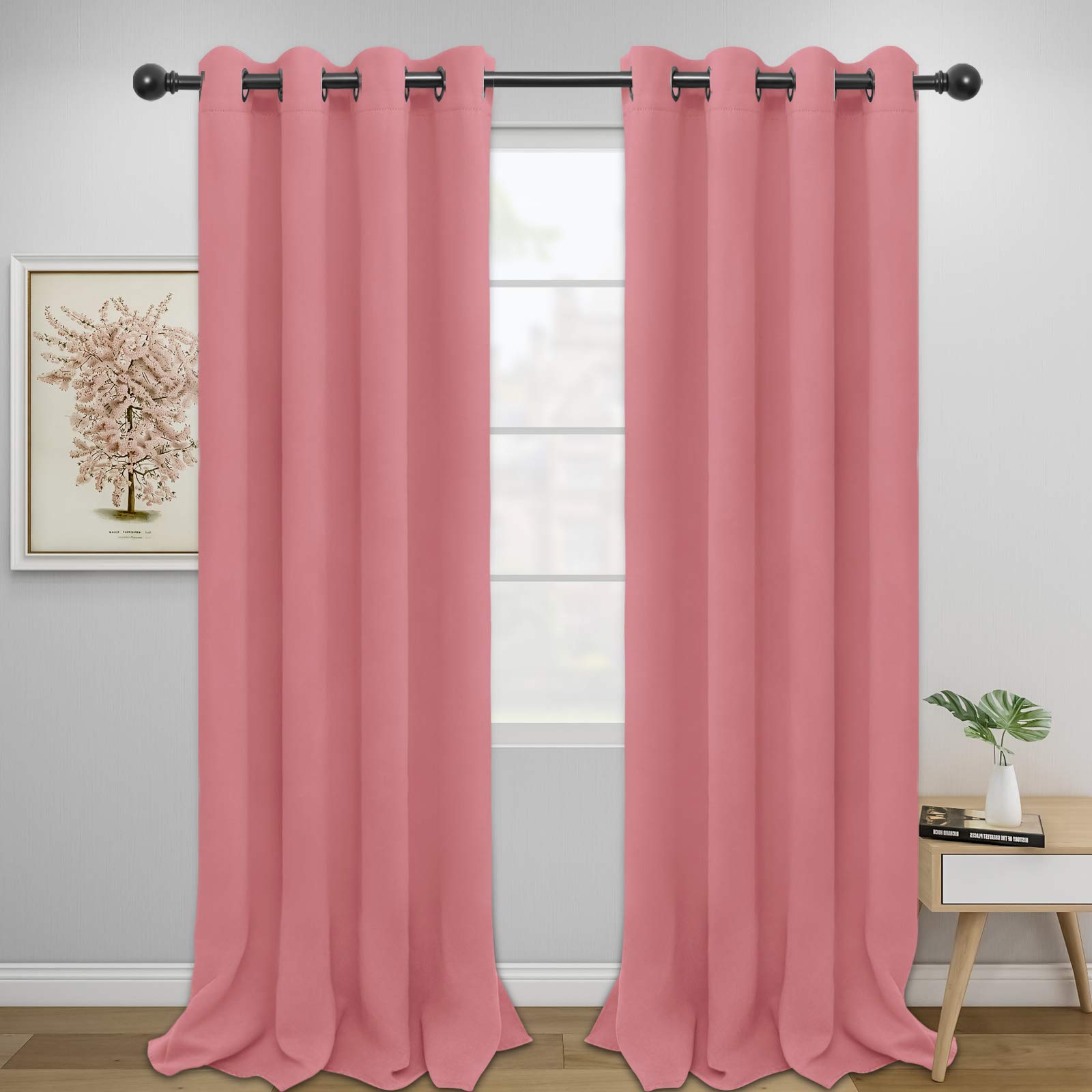 Easy-Going Blackout Curtains For Bedroom, Solid Thermal Insulated Grommet And Noise Reduction Window Drapes, Room Darkening Curtains For Living Room, 2 Panels (52X96 In,Pink)