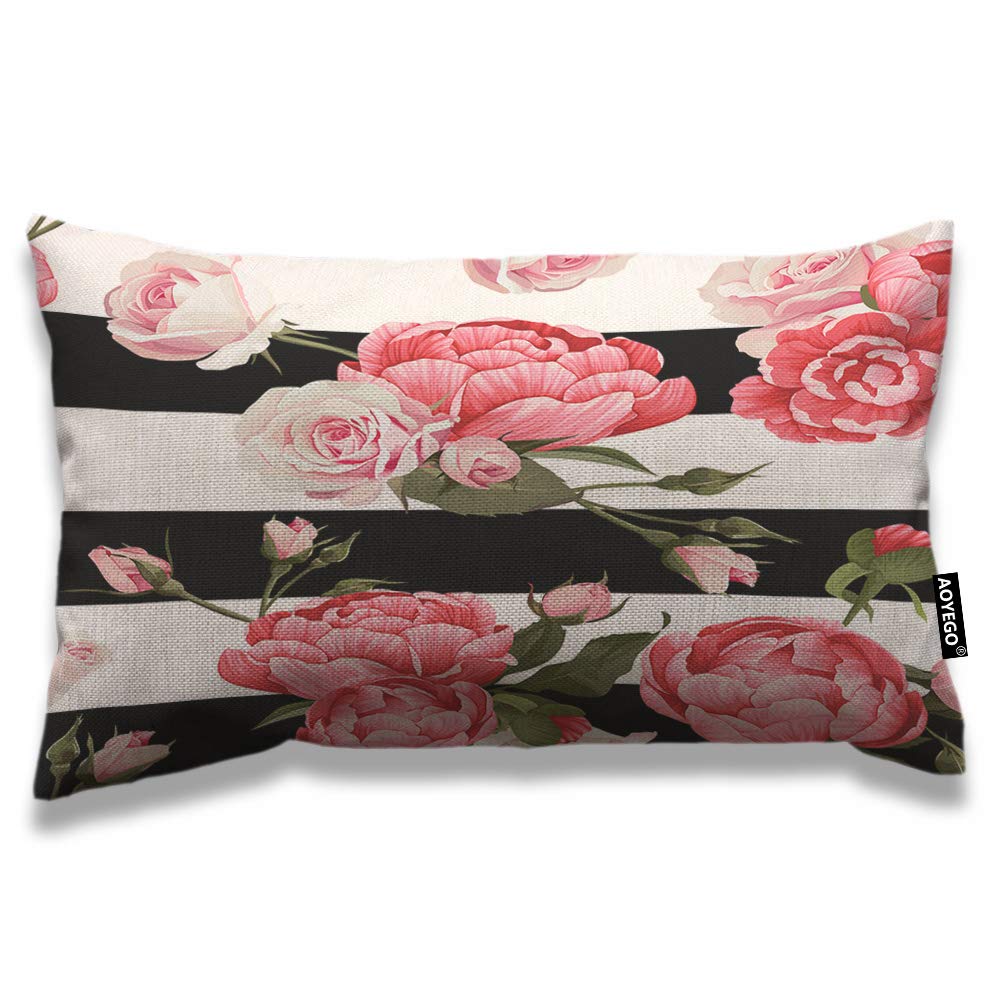 Aoyego Floral Throw Pillow Cover 12X20 Inch Pink Peony And Rose Flower Green Leaves On Black White Stripes Rectangle Pillow Case