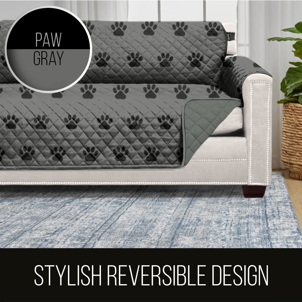 Sofa Shield Patented Couch Cover, Large Furniture Protector With Straps, Reversible Tear And Stain Resistant Slipcovers, Quilted Microfiber 62” Seat, Washable Covers For Dogs, Kids, Paw Gray Black