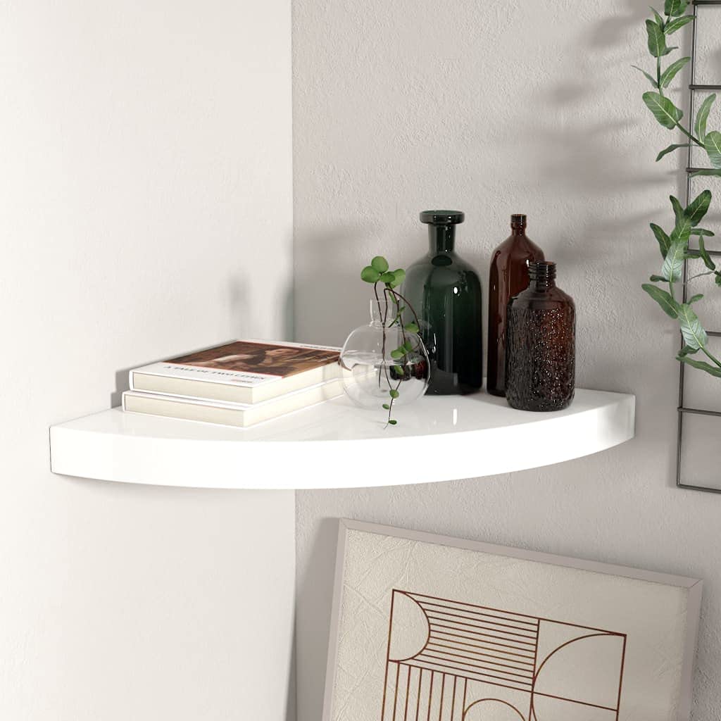 vidaXL Modern Floating Corner Shelf, High Glossy White, 13.8&quot;x13.8&quot;x1.5&quot;, Honeycomb MDF and Metal Shelf with Invisible Mounting, Versatile Display for Home Decor