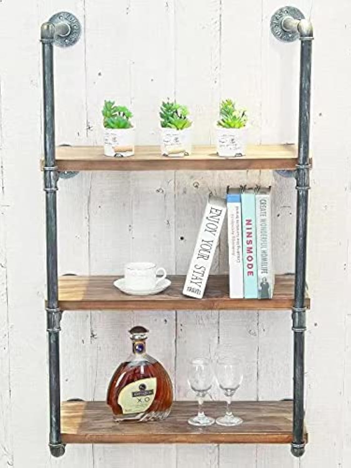 BIXIRAO Industrial Wall Mounted Iron Floating Pipe Wood Shelves/Shelving/Racks/Storage/Bookcases/Brackets, DIY Open Bookshelves/