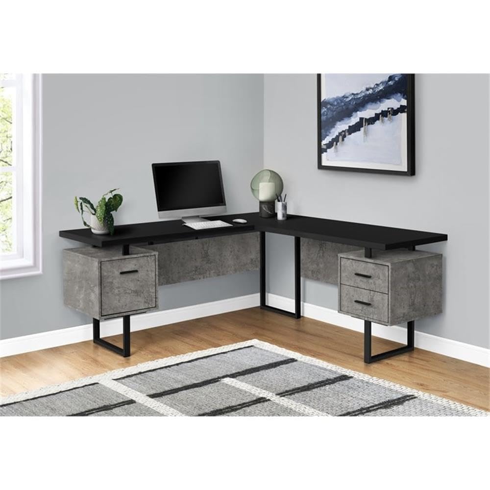 Monarch Specialties 7617 Computer Desk, Home Office, Corner, Left, Right Set-Up, Storage Drawers, 70&quot; Shape, Work, Laptop, Metal, Laminate, Desk-70 R, 71&quot;L X 71&quot;W X 30&quot;H, Black Top/Grey Concrete-Look