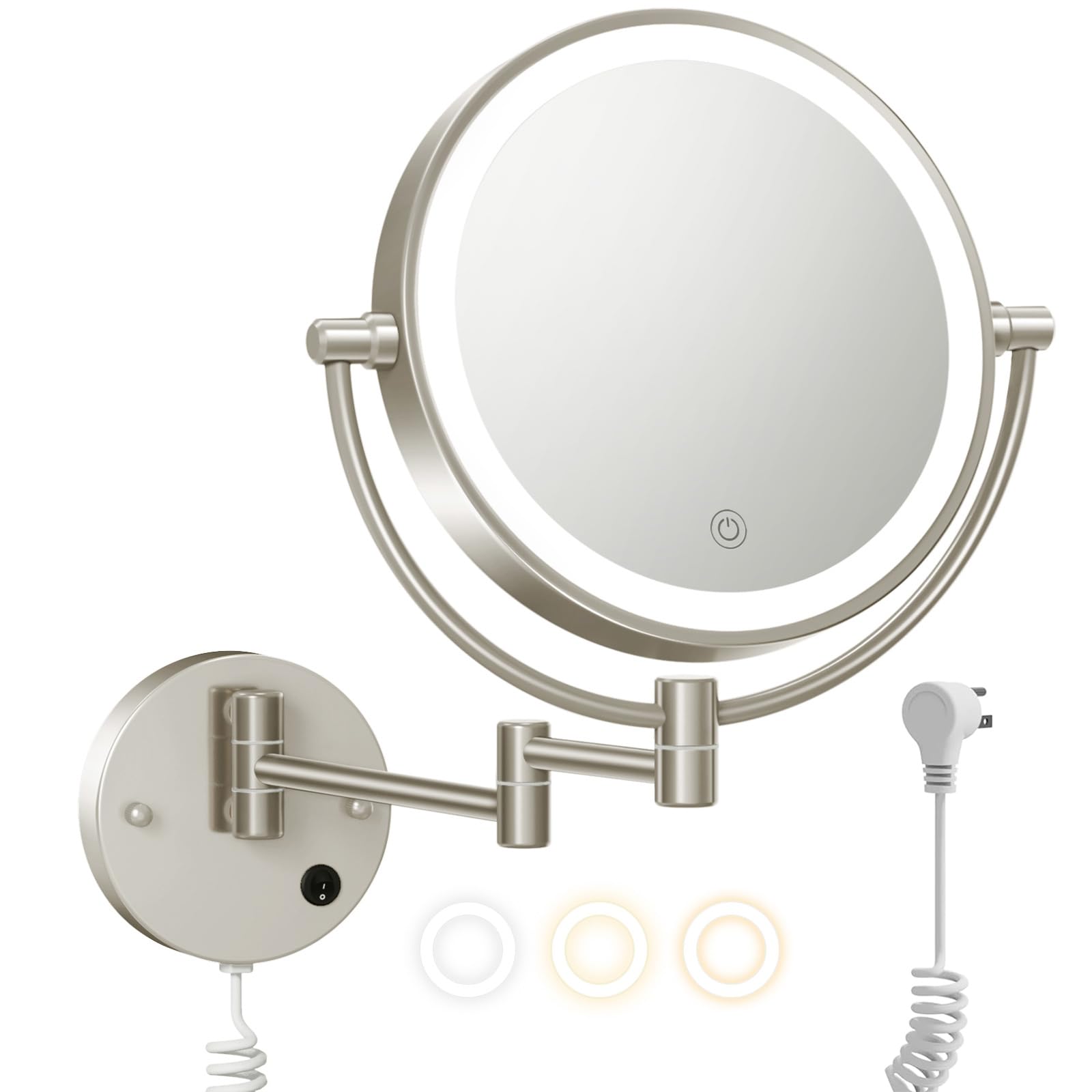FASCINATE Upgraded Wall Mounted Makeup Mirror with Lights, Super Large Double Sided 1X/10X Magnifying Mirror for Bathroom, 360 S