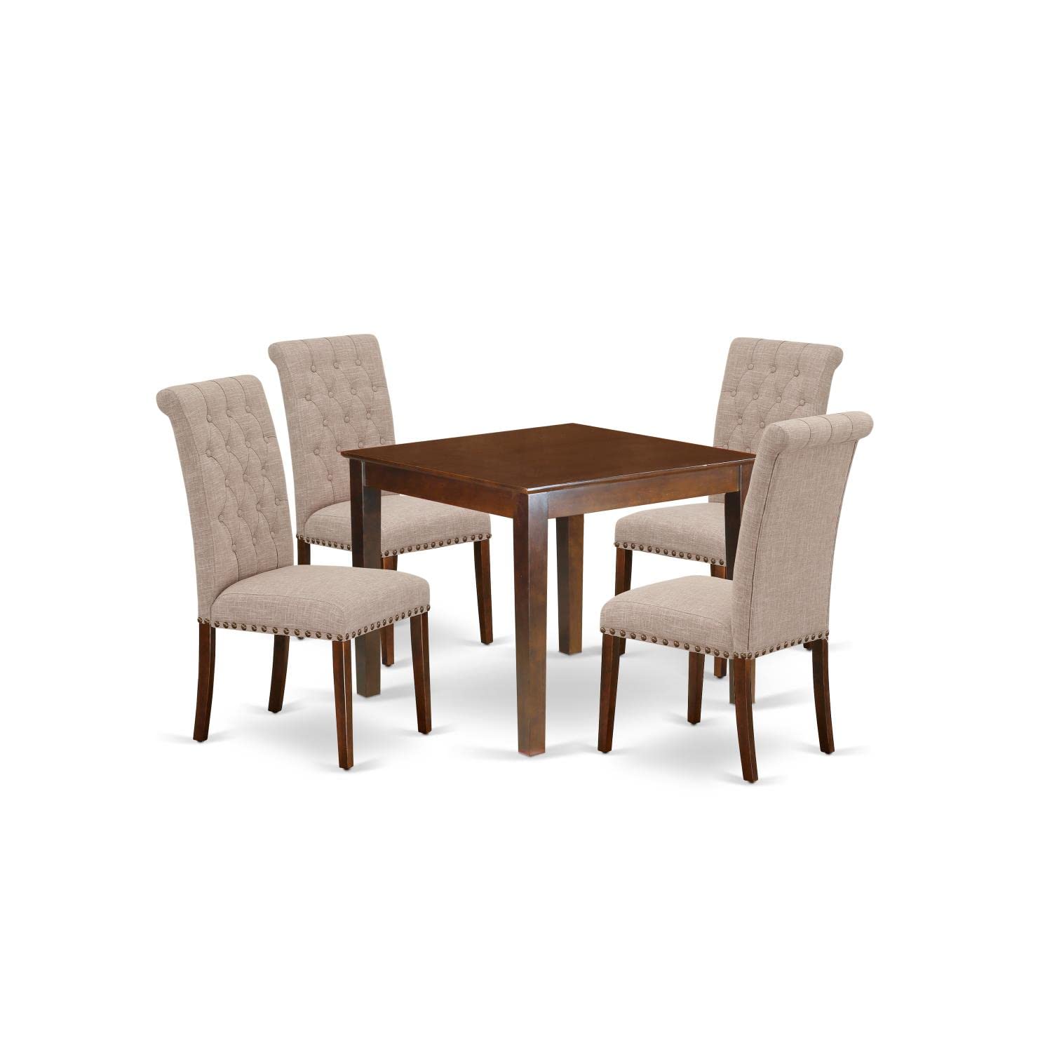 East West Furniture Oxbr5-Mah-04 5 Piece Dining Room Table Set Includes A Square Wooden Table And 4 Light Tan Linen Fabric Upholstered Parson Chairs, 36X36 Inch, Mahogany
