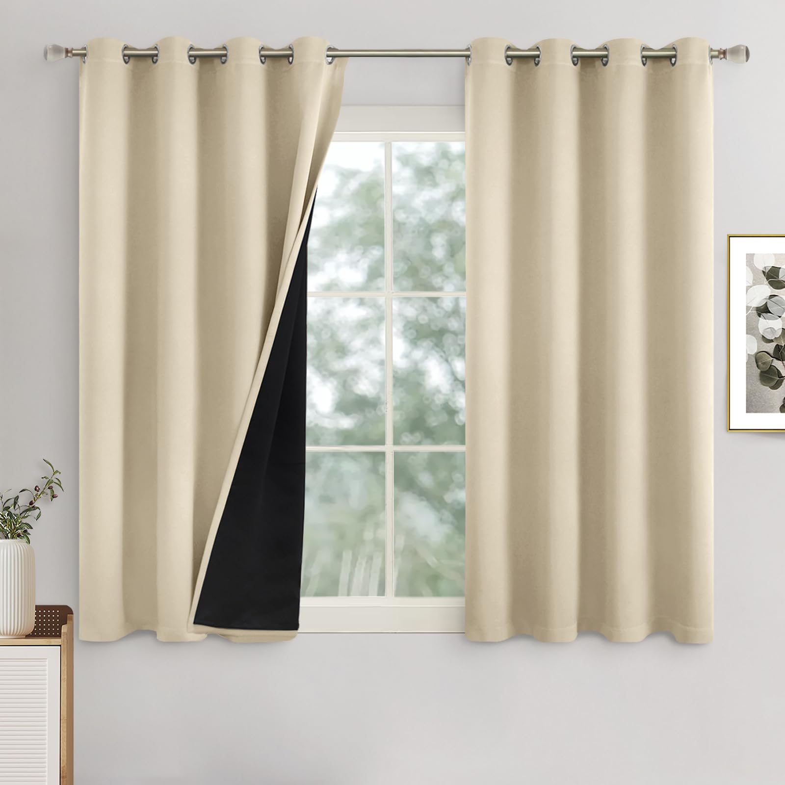 Quemas Beige Curtains For Bedroom 54 Inch Length 2 Panels Set, 100% Light Blocking Thermal Insulated Soundproof Grommet Curtains