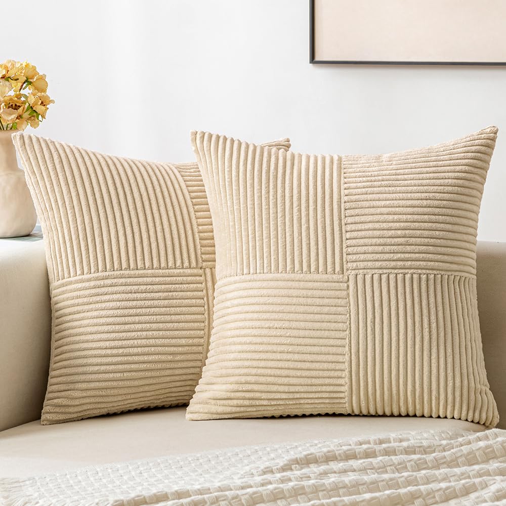 Miulee Cream Corduroy Pillow Covers Pack Of 2 Boho Decorative Spliced Throw Pillow Covers Soft Solid Couch Pillowcases Cross Pat