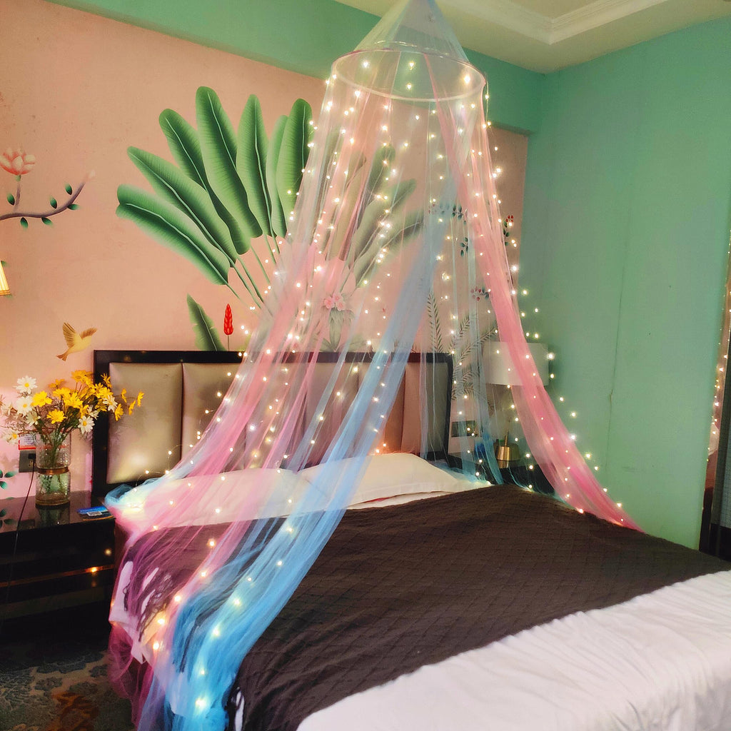 Eimilaly Two-Tone Bed Canopy Mosquito Net Pink Blue With 250Pcs Warm White Lights, Bed Canopy For Girls Room Decor, Single Door