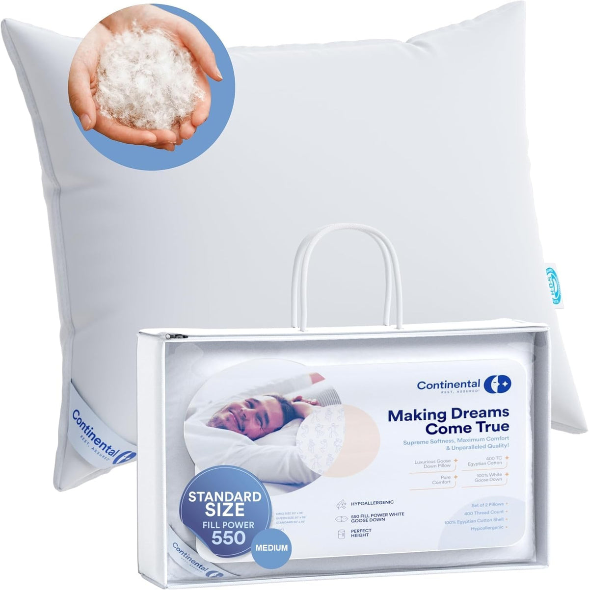 Continental Bedding 100% Luxury Down Pillows Standard Size Pack Of 1 - Family Made In New York - Breathable Bed Pillows For Slee
