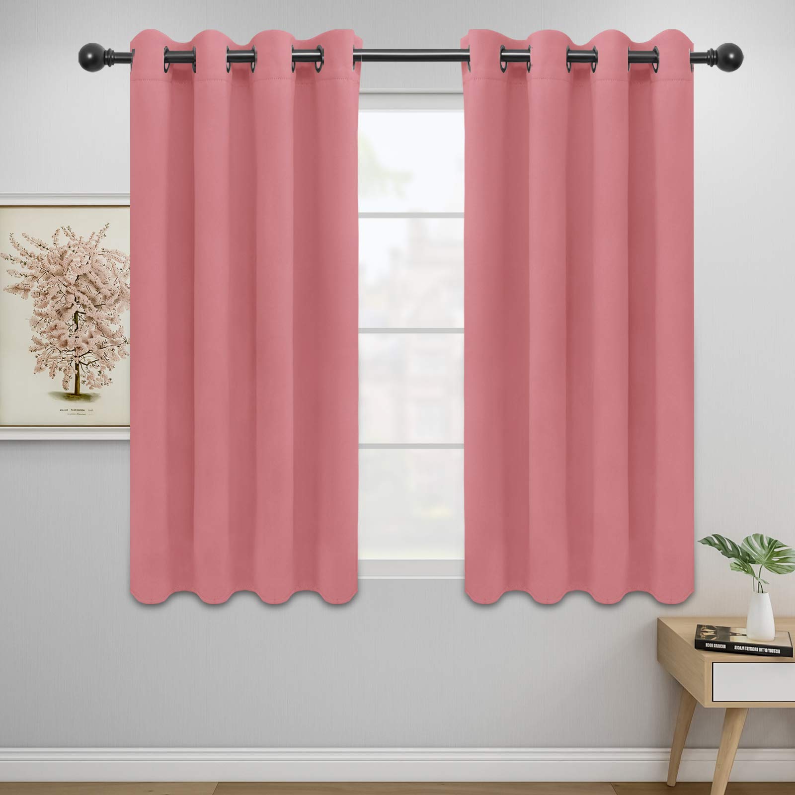 Easy-Going Blackout Curtains For Bedroom, Solid Thermal Insulated Grommet And Noise Reduction Window Drapes, Room Darkening Curtains For Living Room, 2 Panels(52X46 In,Pink)