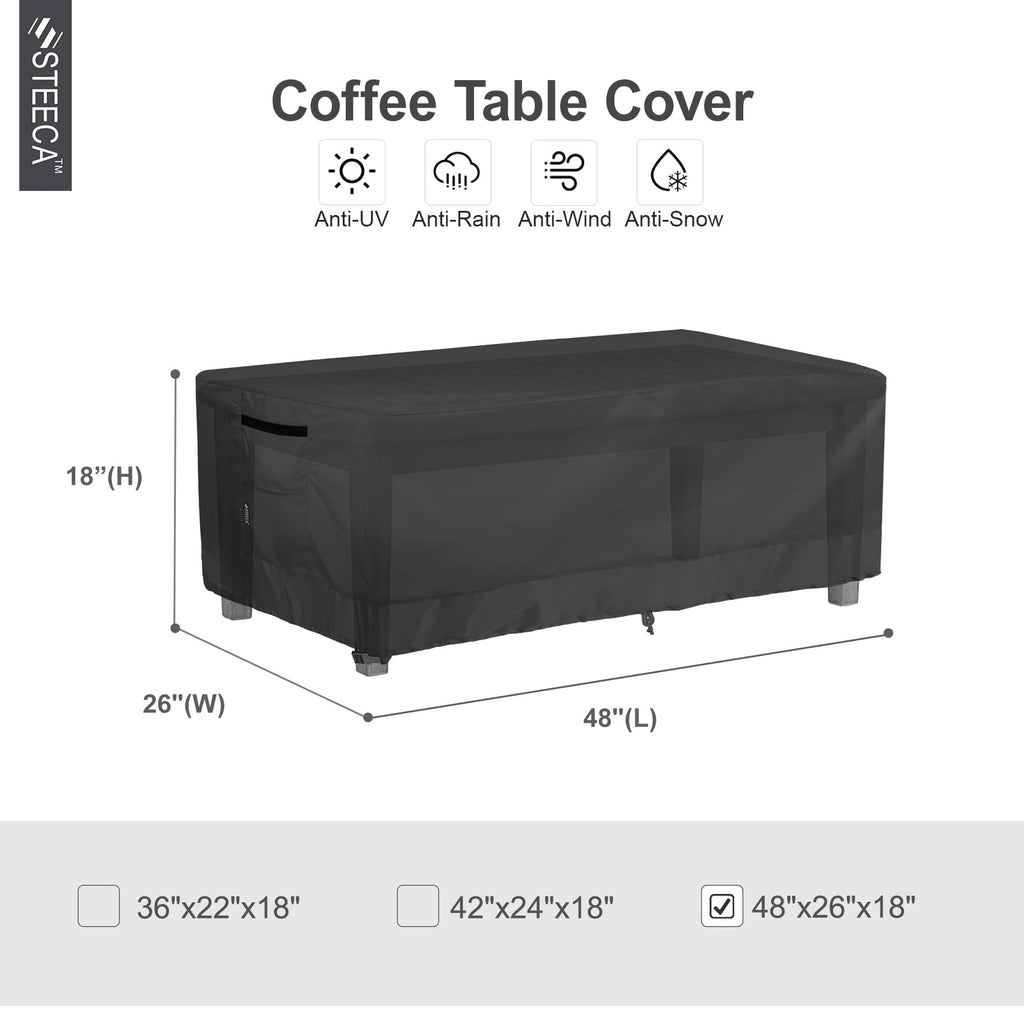 Steeca Patio Coffee Table Cover, Waterproof Rectangular Small Side Table Cover For Outdoor Furniture 48L X 26W X 18H Inch, Black
