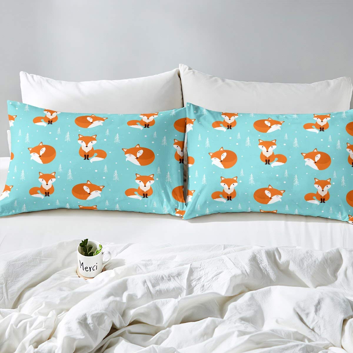 Kids Bed Sheets Twin Size Cute Fox Print Bed Sheet Set For Boys Girls Bedroom Cartoon Kawaii Decor Woodland Fox Wild Animal Bedding Set Children Toddler Fitted Sheet + Flat Sheet + 1 Pillow Case