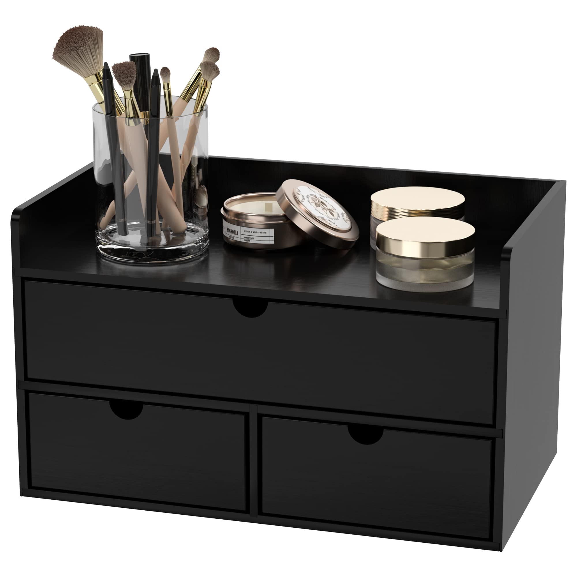 Wisuce Bamboo Desk Organizer - Mini Bamboo Desk Drawer Tabletop Cosmetic Storage Organization For Office Or Home Black With Shel
