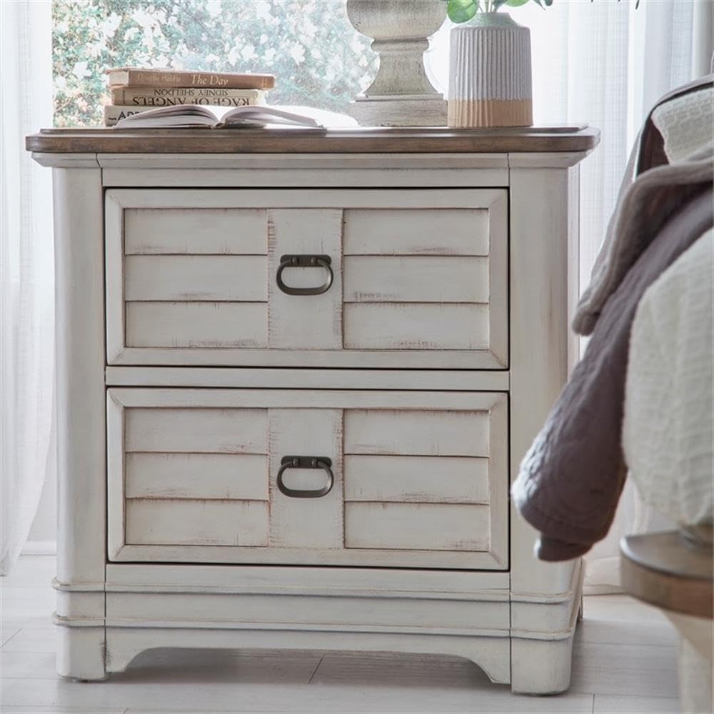 American Woodcrafters Meadowbrook White-Washed Wood Farmhouse Style Two Drawer Nightstand