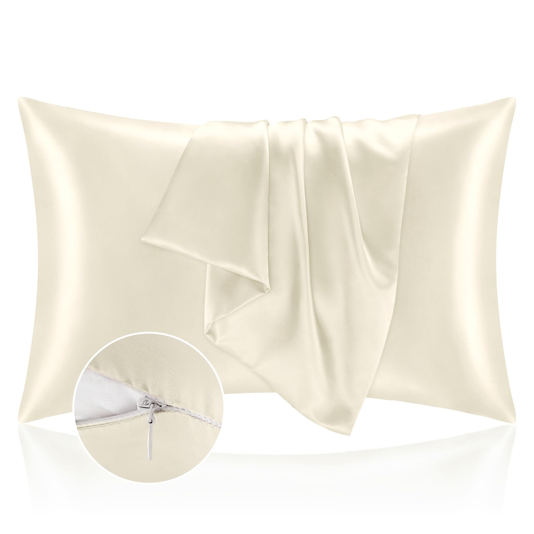 Bedelite Satin Pillowcase With Zipper 2 Pack, Beige Pillow Cases Standard Size, Super Soft And Cooling Similar To Silk Pillow Ca