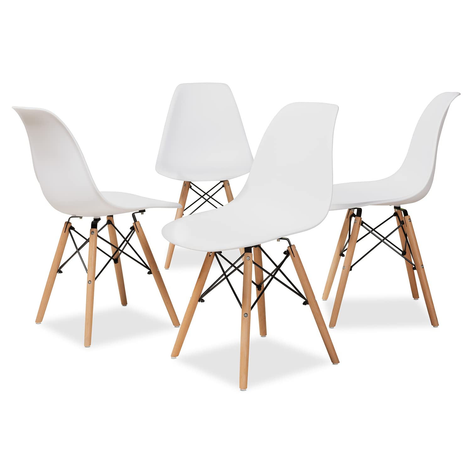 Baxton Studio Jaspen Modern and Contemporary White Finished Polypropylene Plastic and Oak Brown Finished Wood 4-Piece Dining Chair Set, White, Oak Brown, Black, 12019
