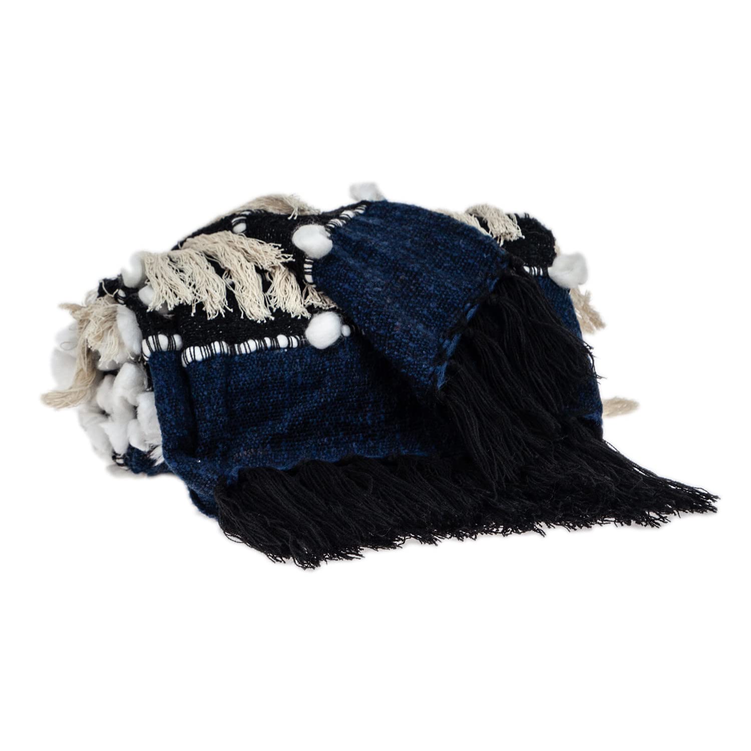 HomeRoots 50% Wool, 50% Acrylic Navy Blue Boho Woven Handloom Throw with Pom Pom