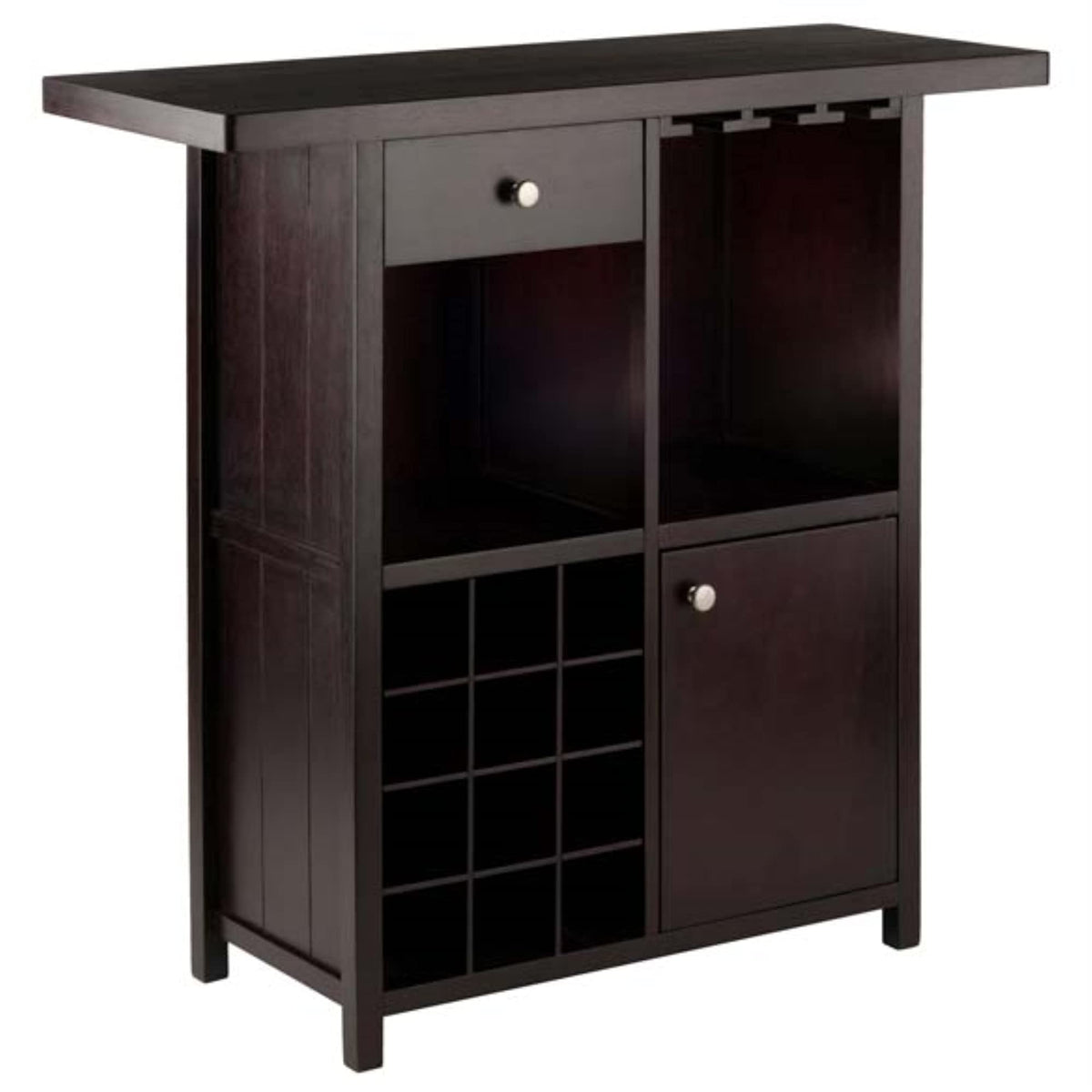 Stylish and Functional Macon Wine Bar with Espresso Finish | Holds 12 Bottles | Open Shelves and Cabinet for Storage | Stemware Holder | Durable Solid Wood | Easy Assembly | 40" W x 15.59" D x 37.8" H