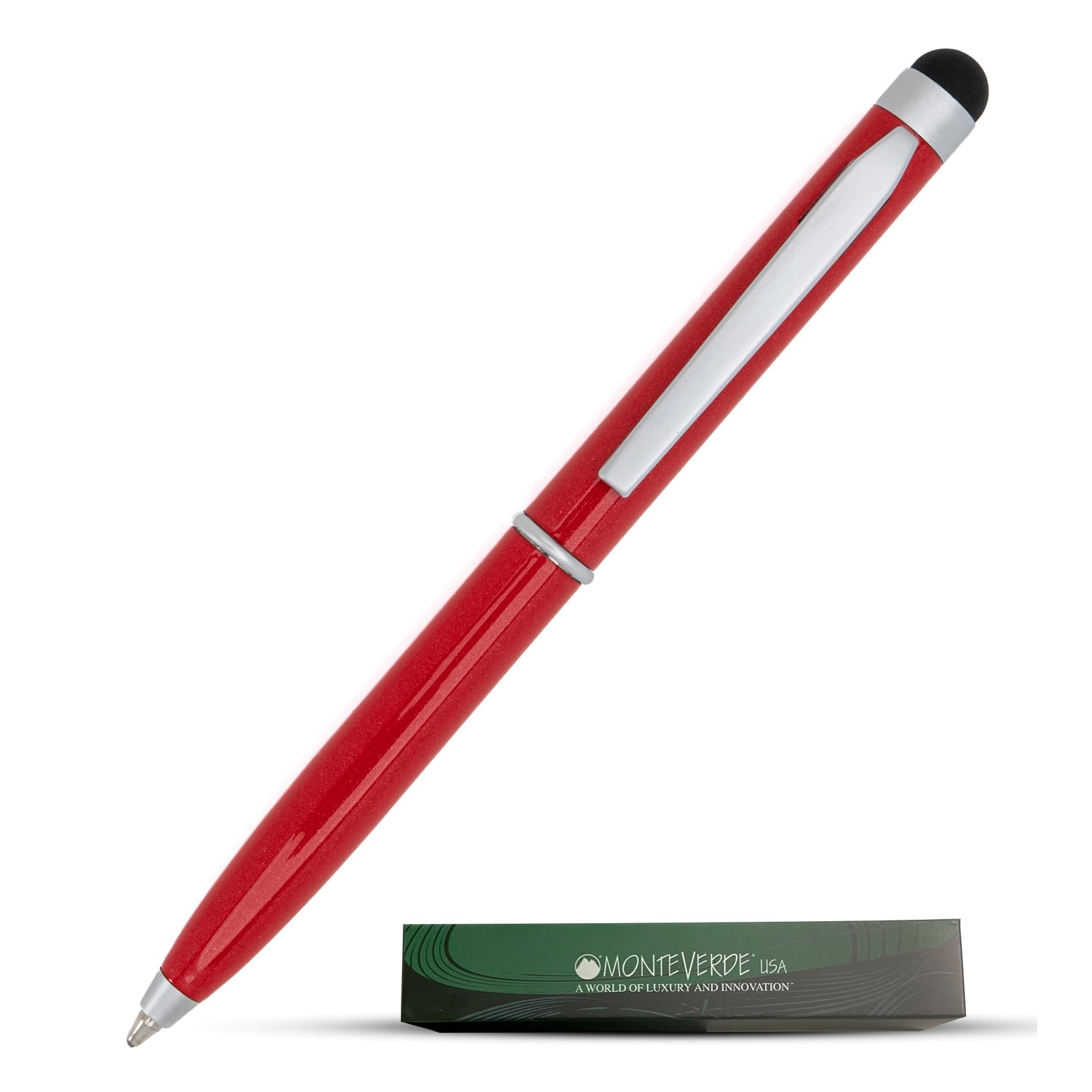 Monteverde Usa Poquito Stylus Pen - Racing Red | Compact Metal Ballpoint Pen With Capacitive Stylus | Refillable With D1 Standar