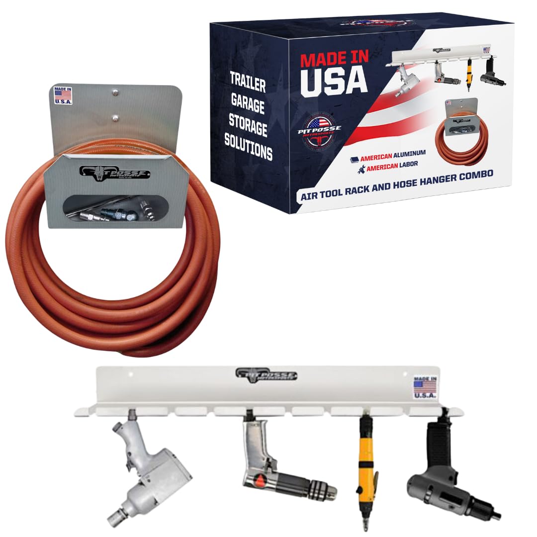 Pit Posse PP3359A Air Tool Pneumatic Rack Holder and Air Hose Hanger Combo- Made in USA- Aluminum Tool Organizer for Garage Trai