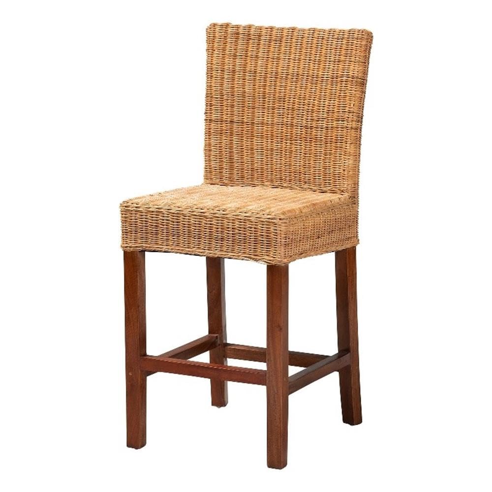 Baxton Studio Racquel Bohemian Natural Rattan And Mahogany Wood Counter Stool