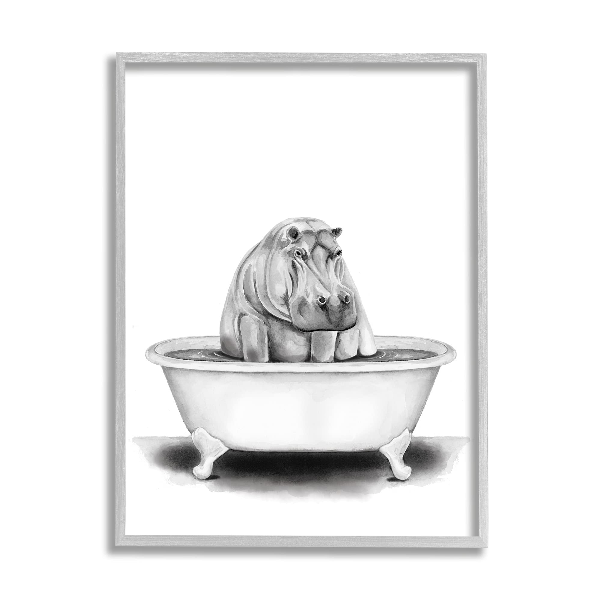 Stupell Industries Hippo in A Tub Funny Animal Bathroom Drawing, Design by Rachel Neiman Gray Framed Wall Art, 24 x 30, Black
