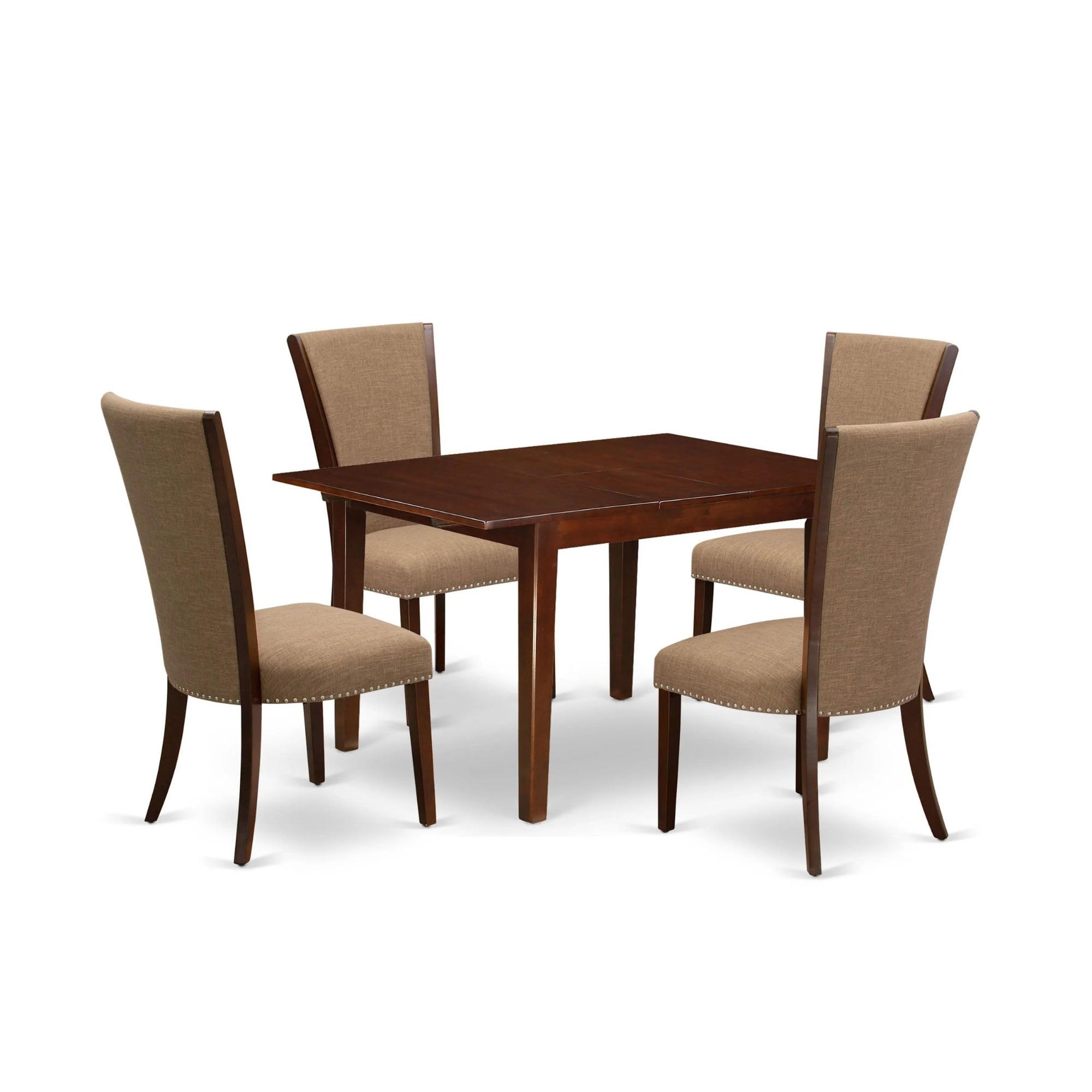 East West Furniture Mlve5-Mah-47 5 Piece Dining Room Set Includes A Rectangle Wooden Table With Butterfly Leaf And 4 Light Sable Linen Fabric Parsons Dining Chairs, 36X54 Inch, Mahogany