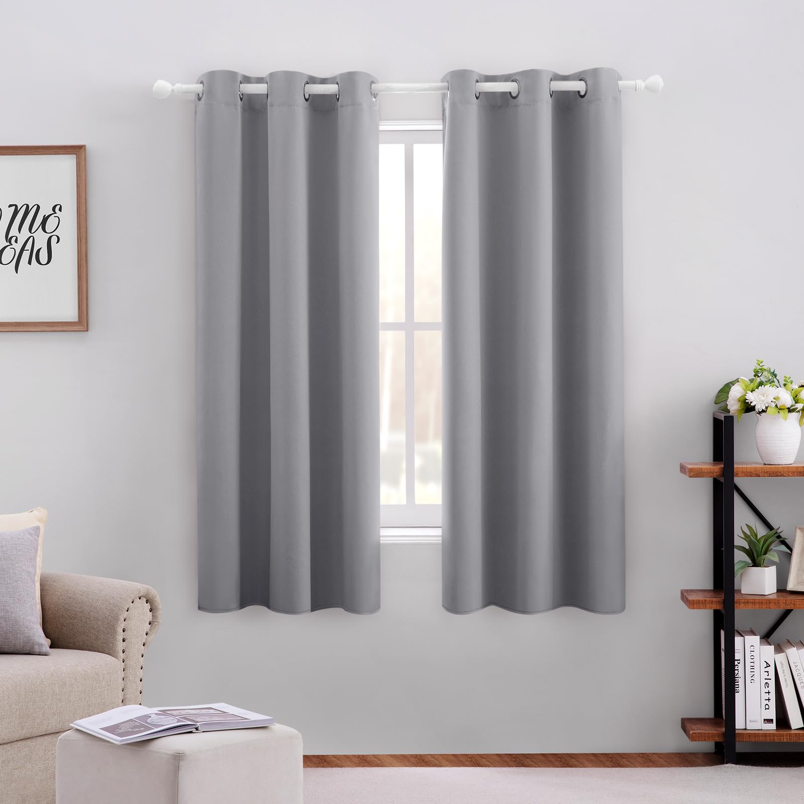 Homeideas Light Grey Kitchen Blackout Short Curtain Panels For Bedroom, Thermal Insulated Grommet Top Blackout Drapes (2 Panels,